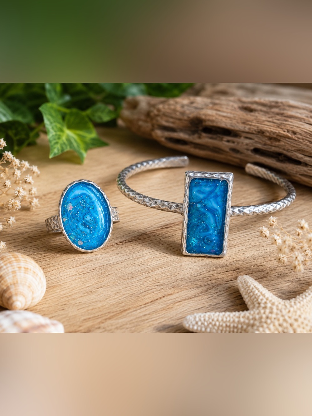 Handmade Ocean Blue Jewelry Set | Matching Statement Ring & Cuff | Coastal Boho